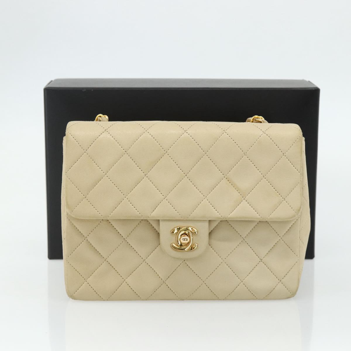 CHANEL Turn Lock Chain Shoulder Bag Lamb Skin Beige Gold CC Auth ka4339V