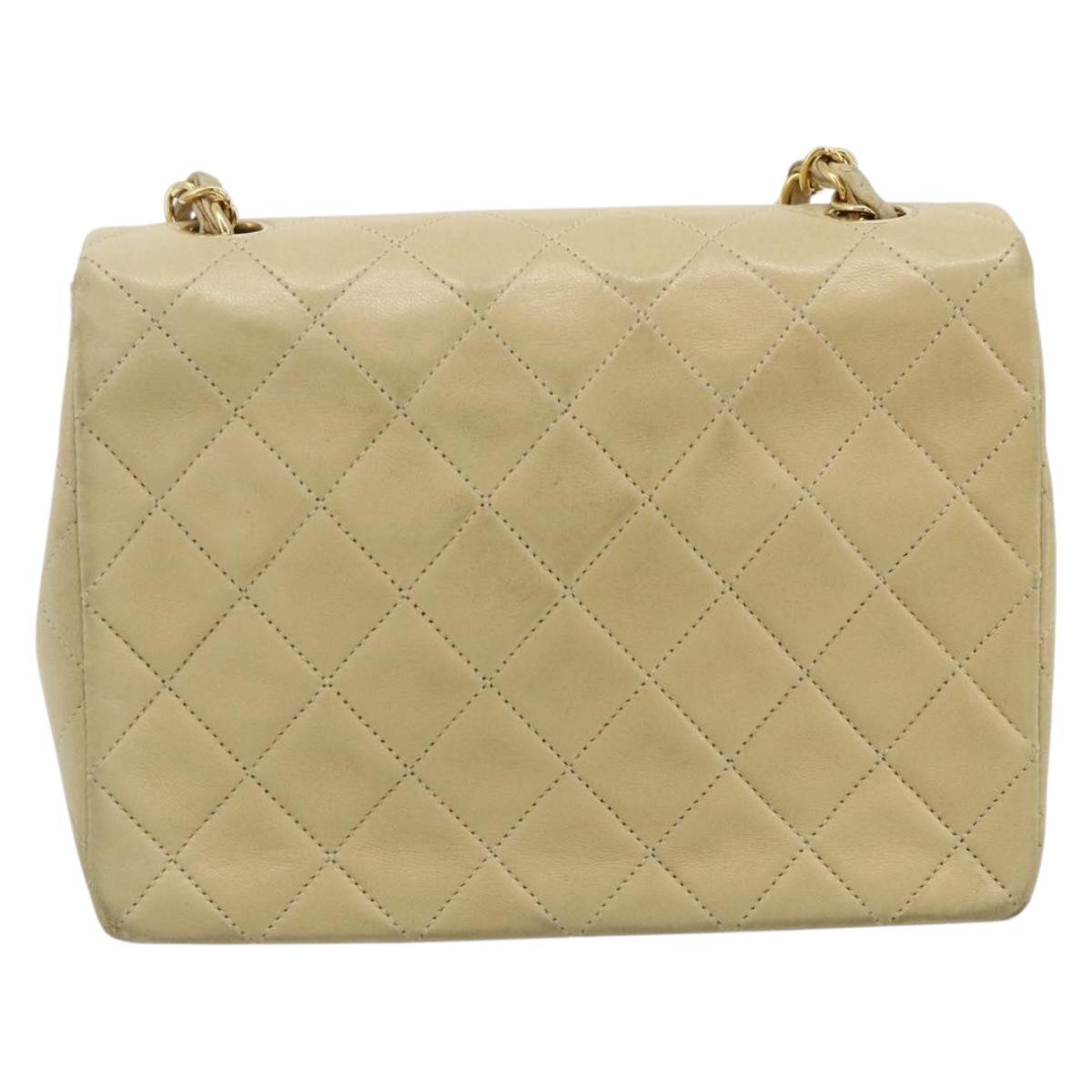 CHANEL Turn Lock Chain Shoulder Bag Lamb Skin Beige Gold CC Auth ka4339V