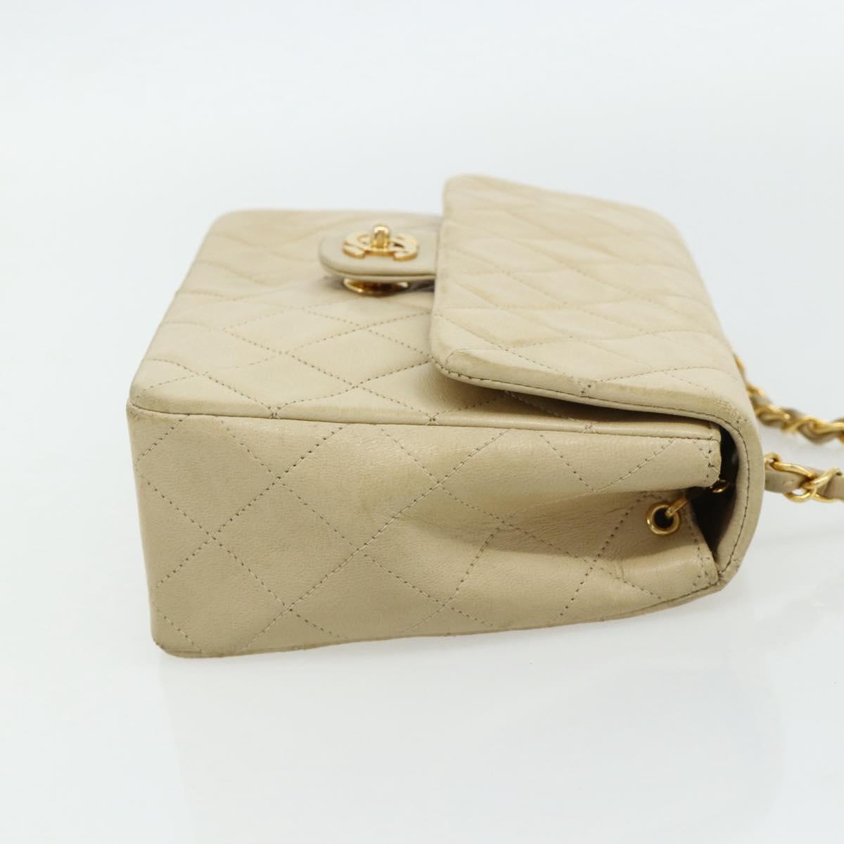 CHANEL Turn Lock Chain Shoulder Bag Lamb Skin Beige Gold CC Auth ka4339V