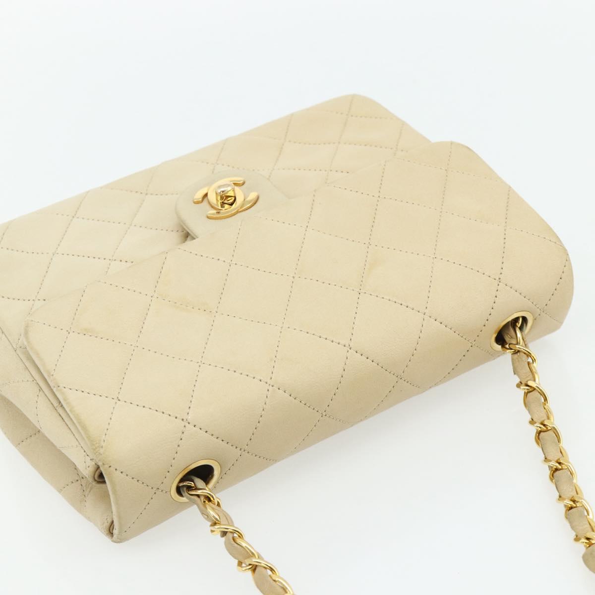 CHANEL Turn Lock Chain Shoulder Bag Lamb Skin Beige Gold CC Auth ka4339V