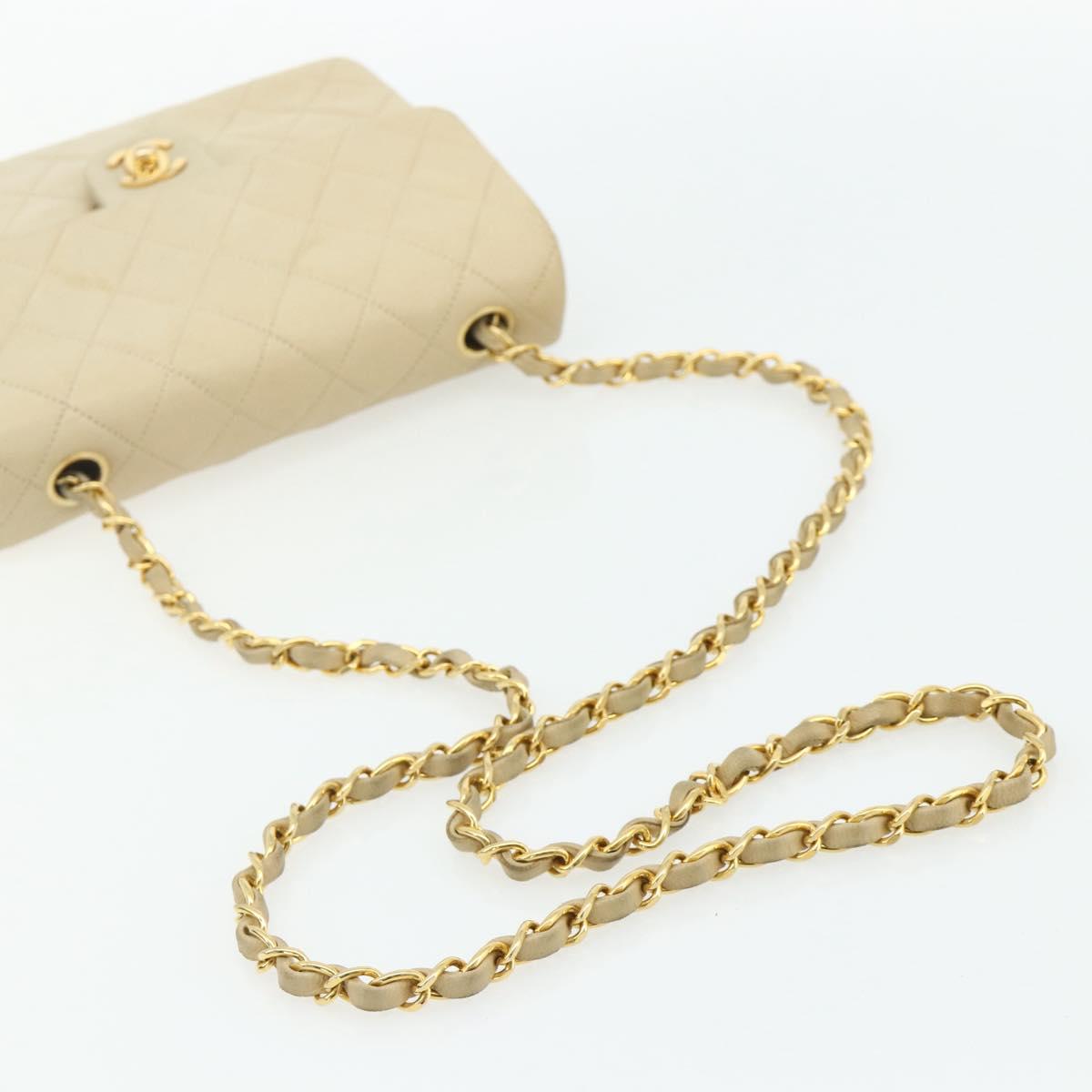 CHANEL Turn Lock Chain Shoulder Bag Lamb Skin Beige Gold CC Auth ka4339V