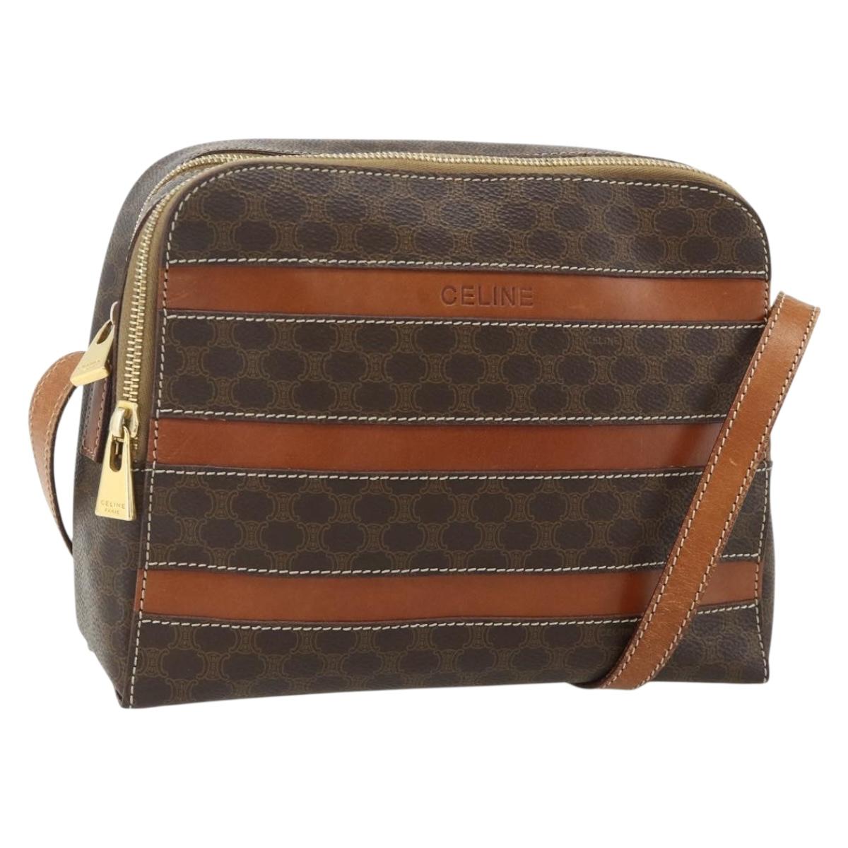 CELINE Macadam Canvas Shoulder Bag PVC Leather Brown Gold Auth ka4342