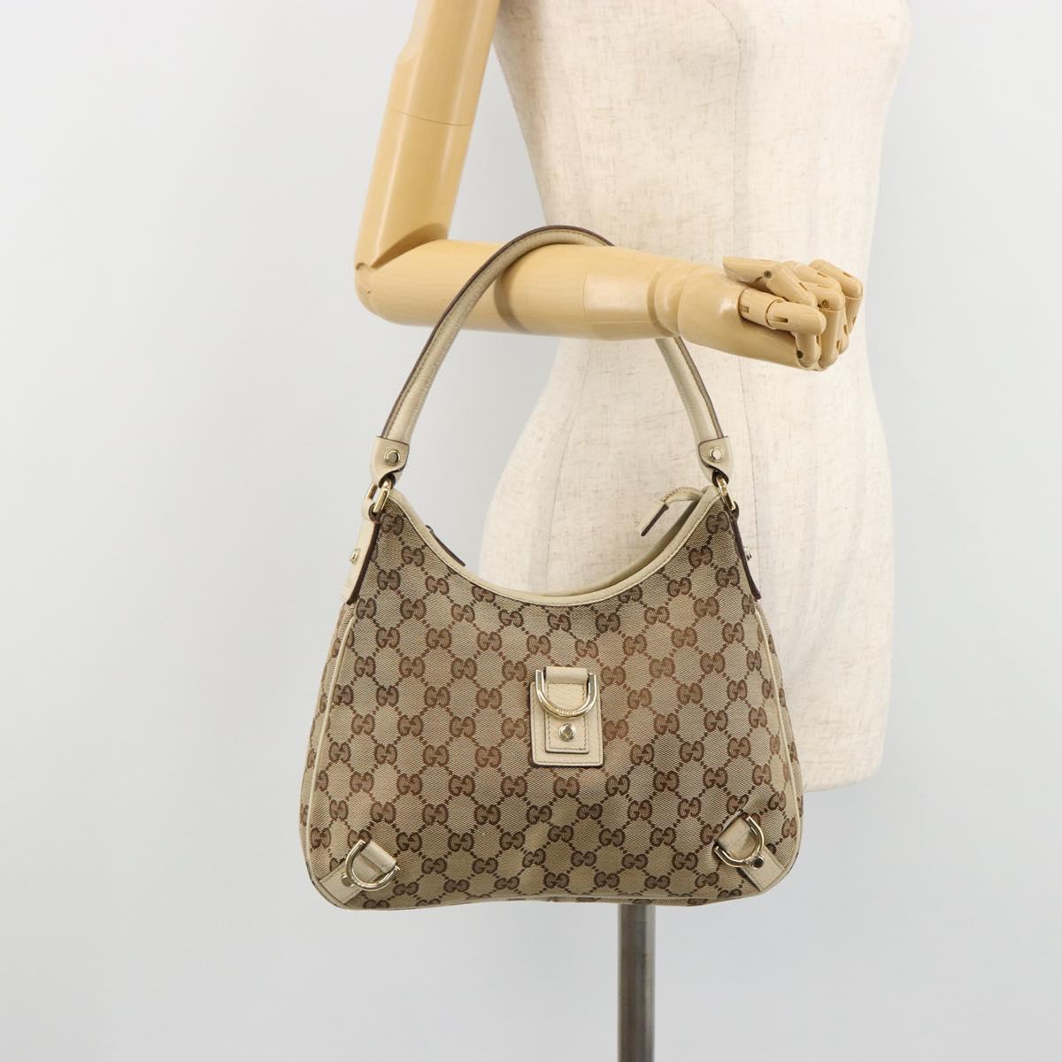 GUCCI GG Canvas Abbey Shoulder Bag Leather Beige Gold 130738 Auth ka4349