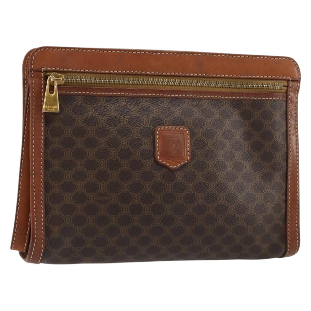 CELINE Macadam Canvas Clutch Bag PVC Leather Brown Gold Auth ka4359