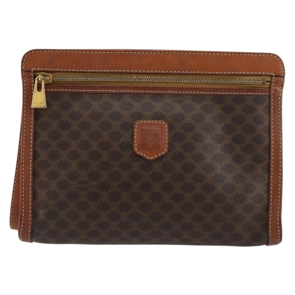 CELINE Macadam Canvas Clutch Bag PVC Leather Brown Gold Auth ka4359