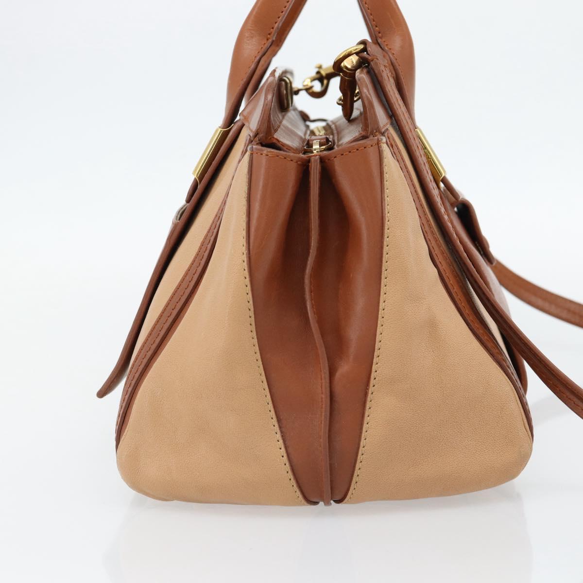 Chloe Alice Hand Bag Leather 2way Brown Gold beige Auth ka4362