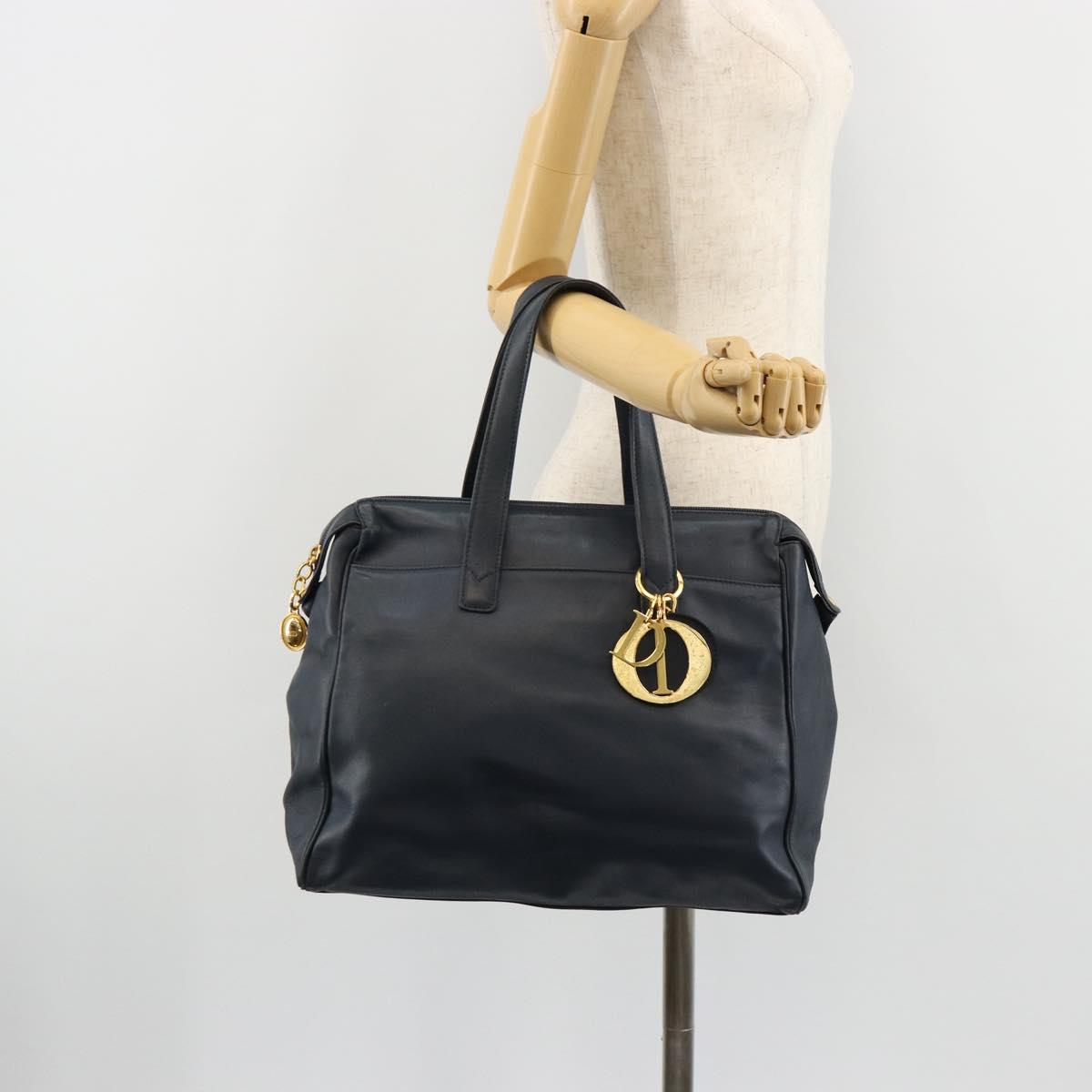 Christian Dior Hand Bag Leather Navy Gold Auth ka4387A