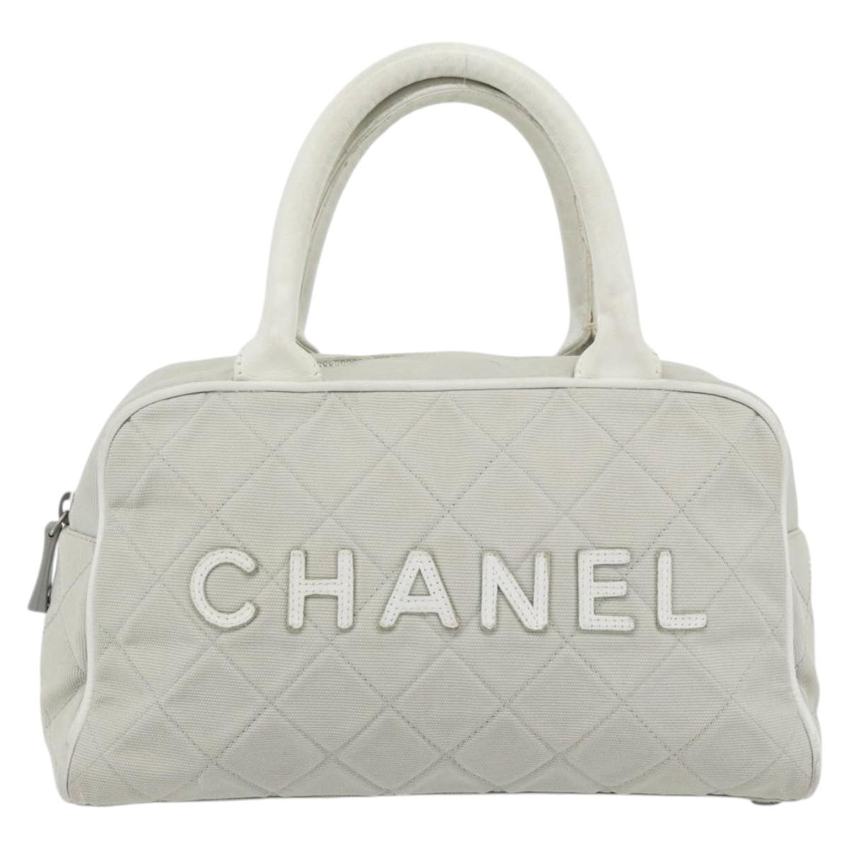 CHANEL Hand Bag Canvas Leather Gray Silver CC Auth ka4399A