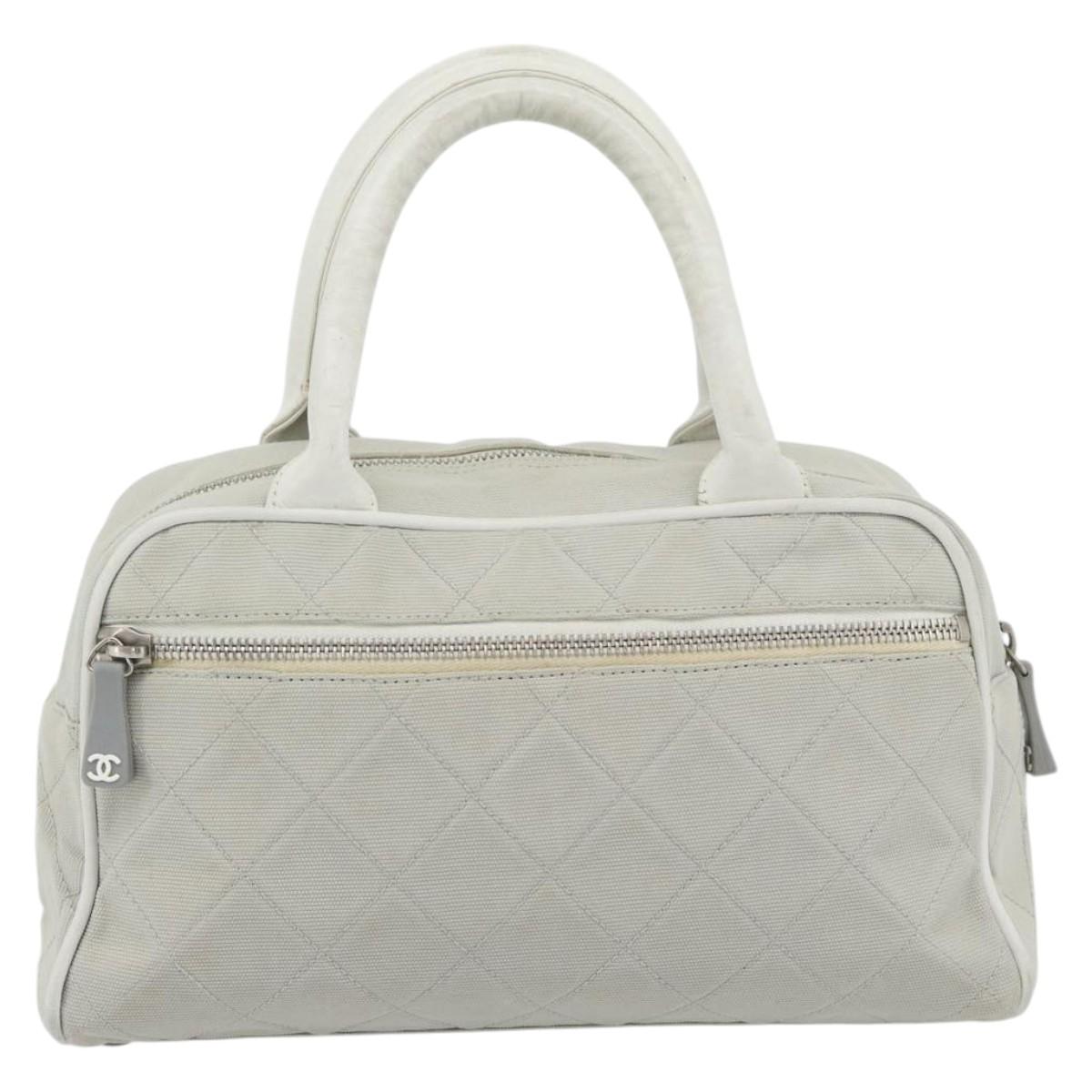 CHANEL Hand Bag Canvas Leather Gray Silver CC Auth ka4399A