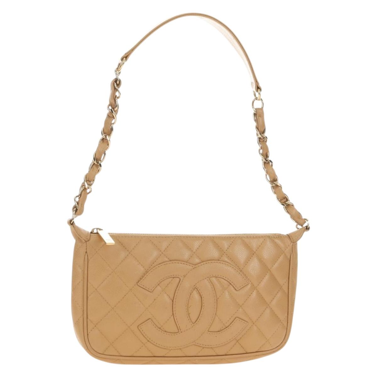 CHANEL Chain Shoulder Bag Caviar Skin Beige Gold CC Auth ka4405V