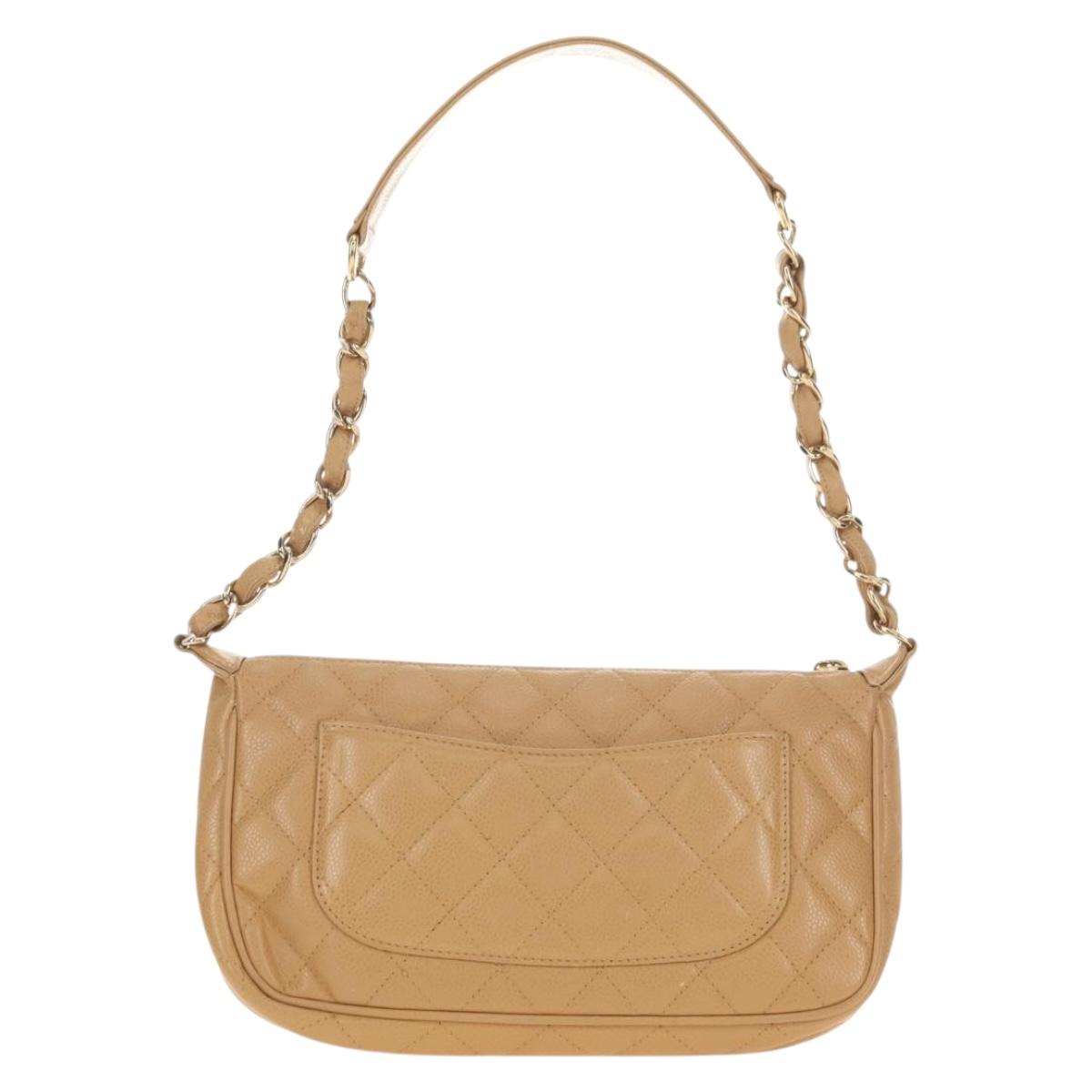 CHANEL Chain Shoulder Bag Caviar Skin Beige Gold CC Auth ka4405V