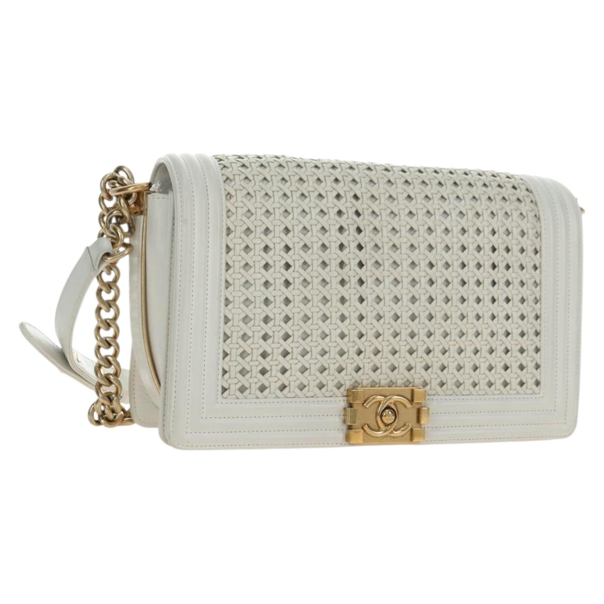 CHANEL Chain Boy Chanel Shoulder Bag Leather White Gold CC Auth ka4428V