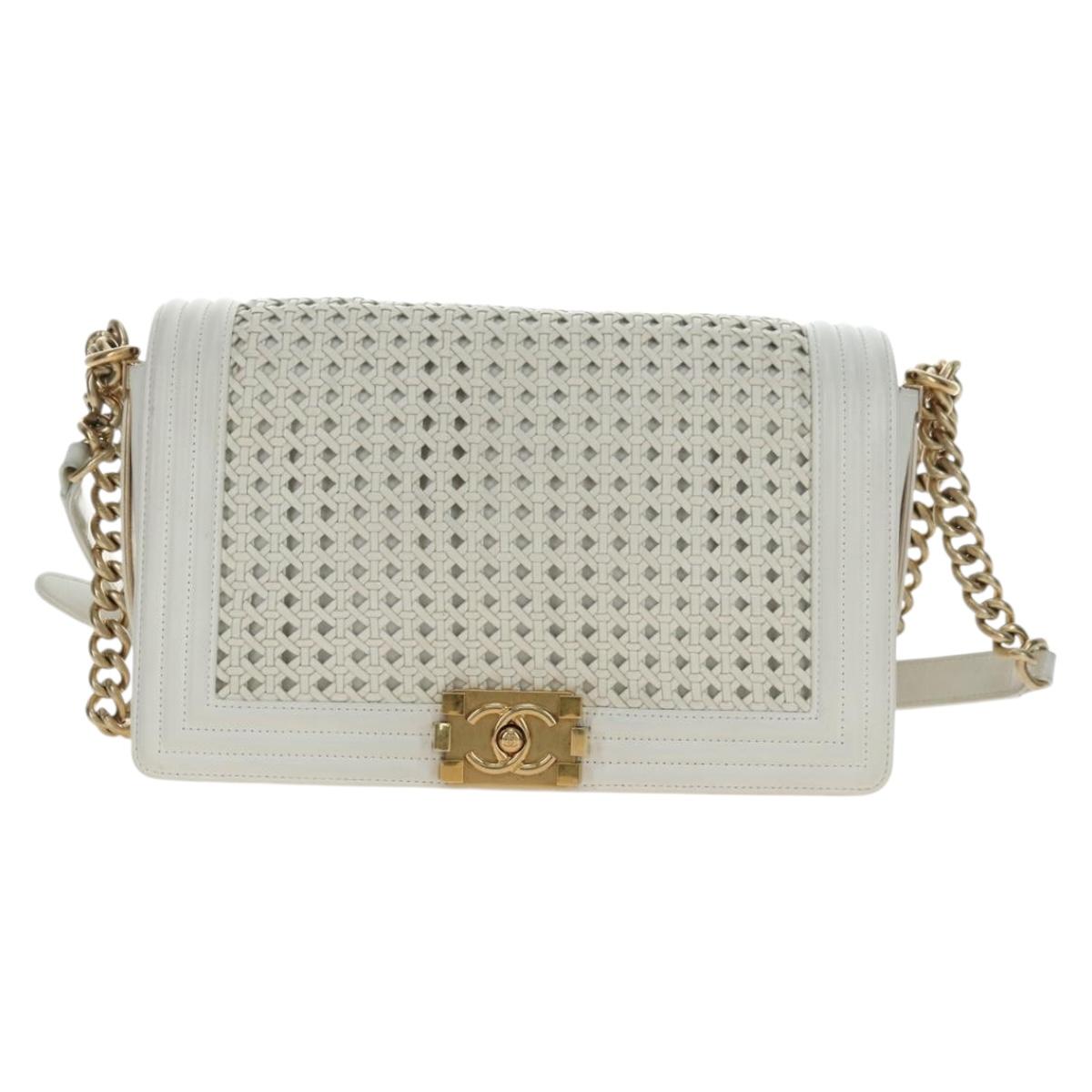 CHANEL Chain Boy Chanel Shoulder Bag Leather White Gold CC Auth ka4428V
