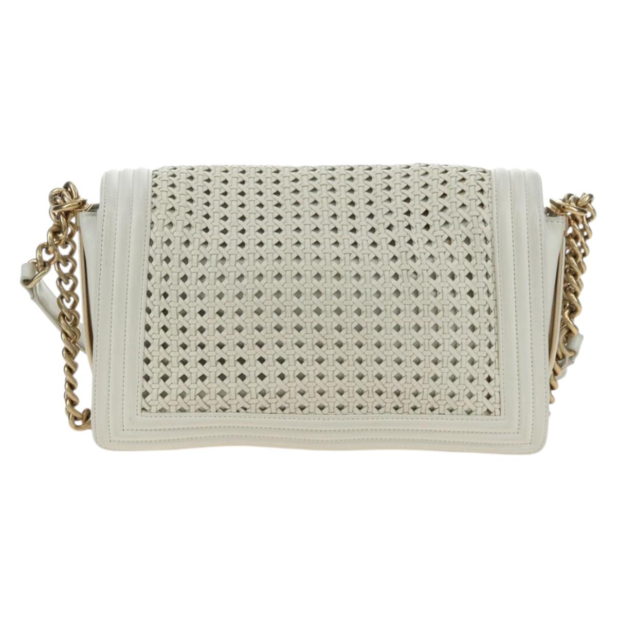 CHANEL Chain Boy Chanel Shoulder Bag Leather White Gold CC Auth ka4428V
