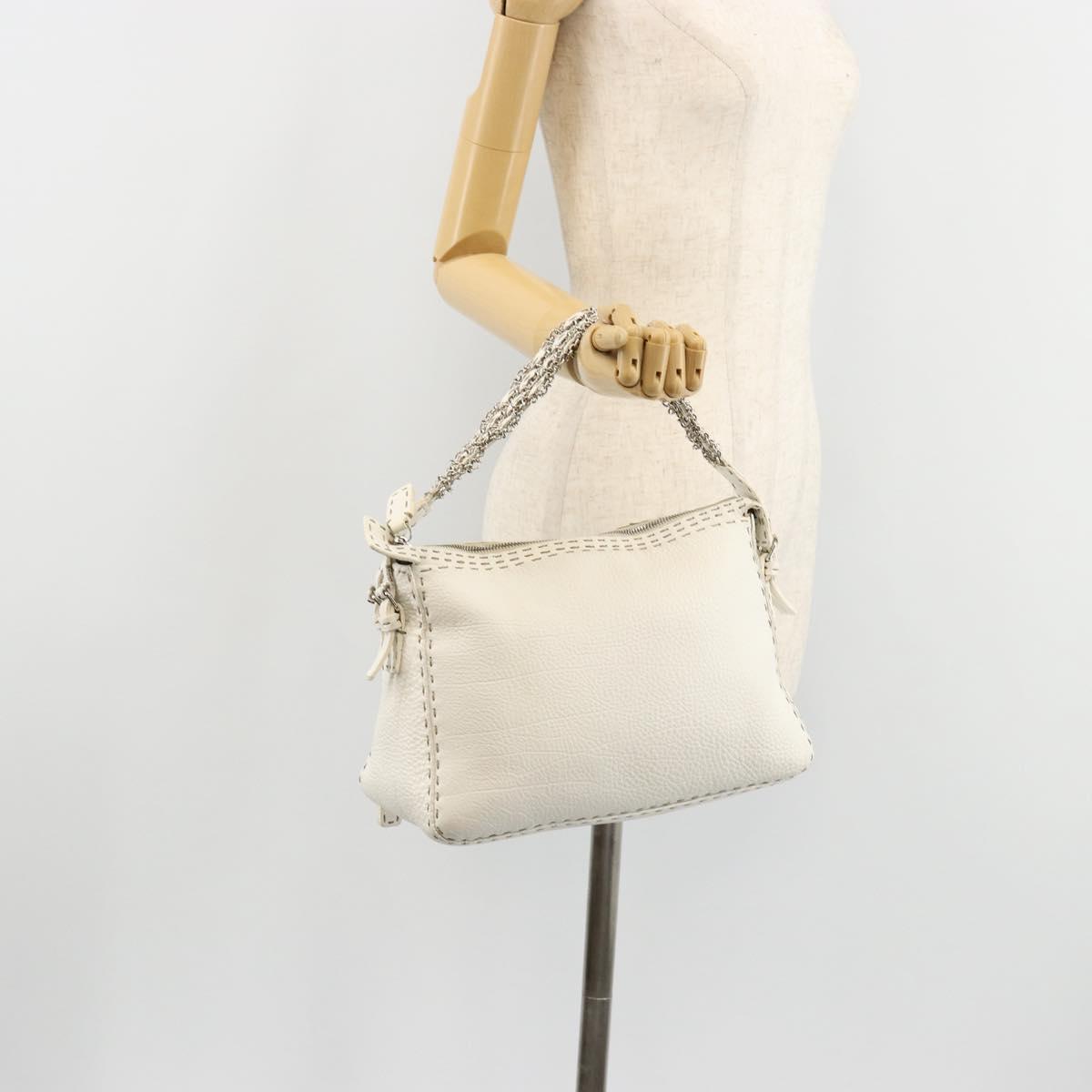 FENDI Celeria Chain Shoulder Bag Leather White Silver Auth ka4444A