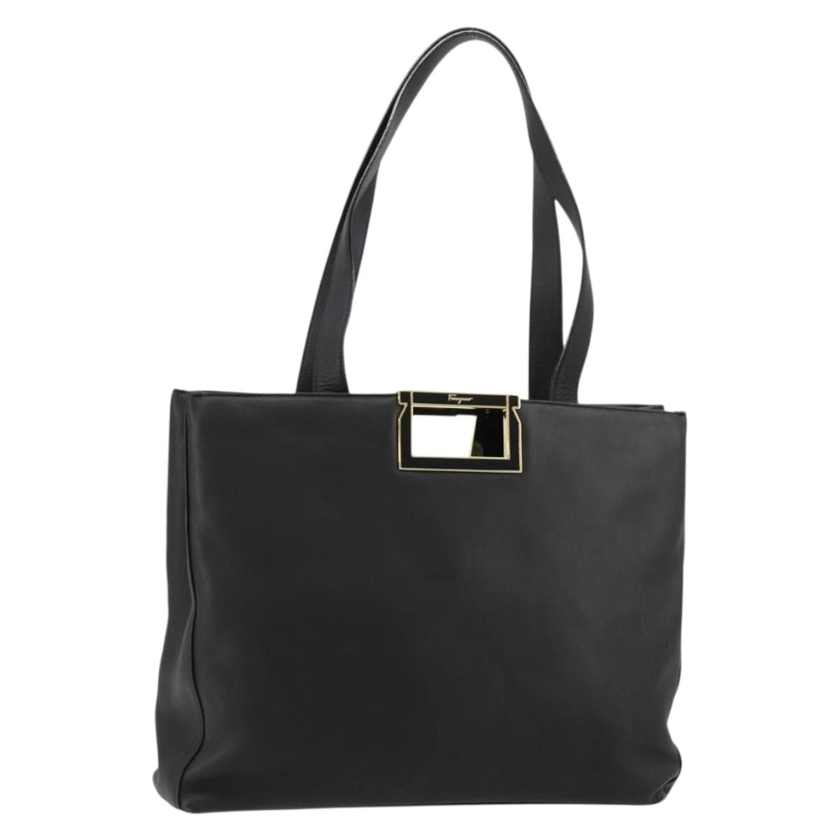 Salvatore Ferragamo Hand Bag Leather Black Gold Auth ka4450A