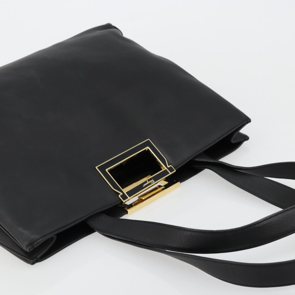 Salvatore Ferragamo Hand Bag Leather Black Gold Auth ka4450A