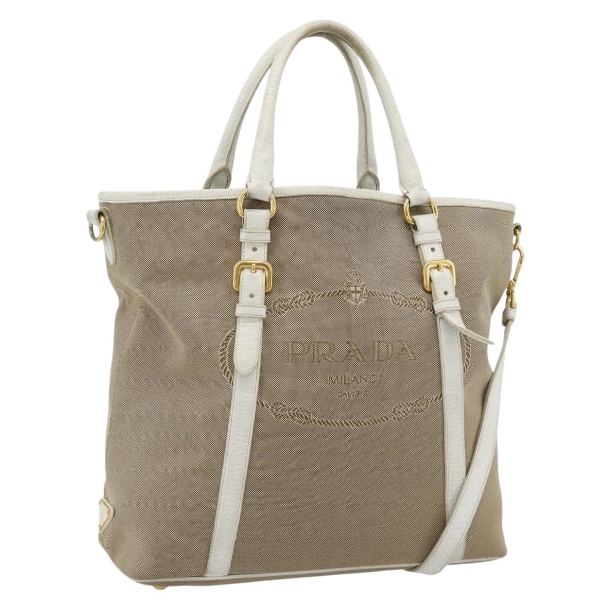 PRADA Hand Bag Canvas Leather 2way Beige Gold Auth ka4461A