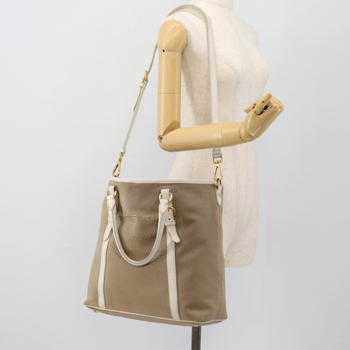 PRADA Hand Bag Canvas Leather 2way Beige Gold Auth ka4461A
