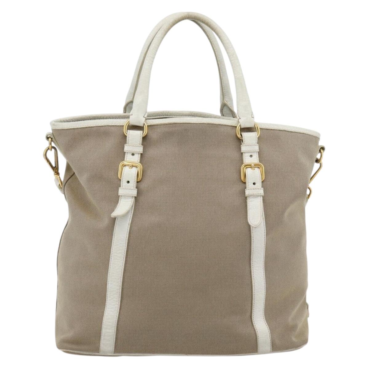 PRADA Hand Bag Canvas Leather 2way Beige Gold Auth ka4461A