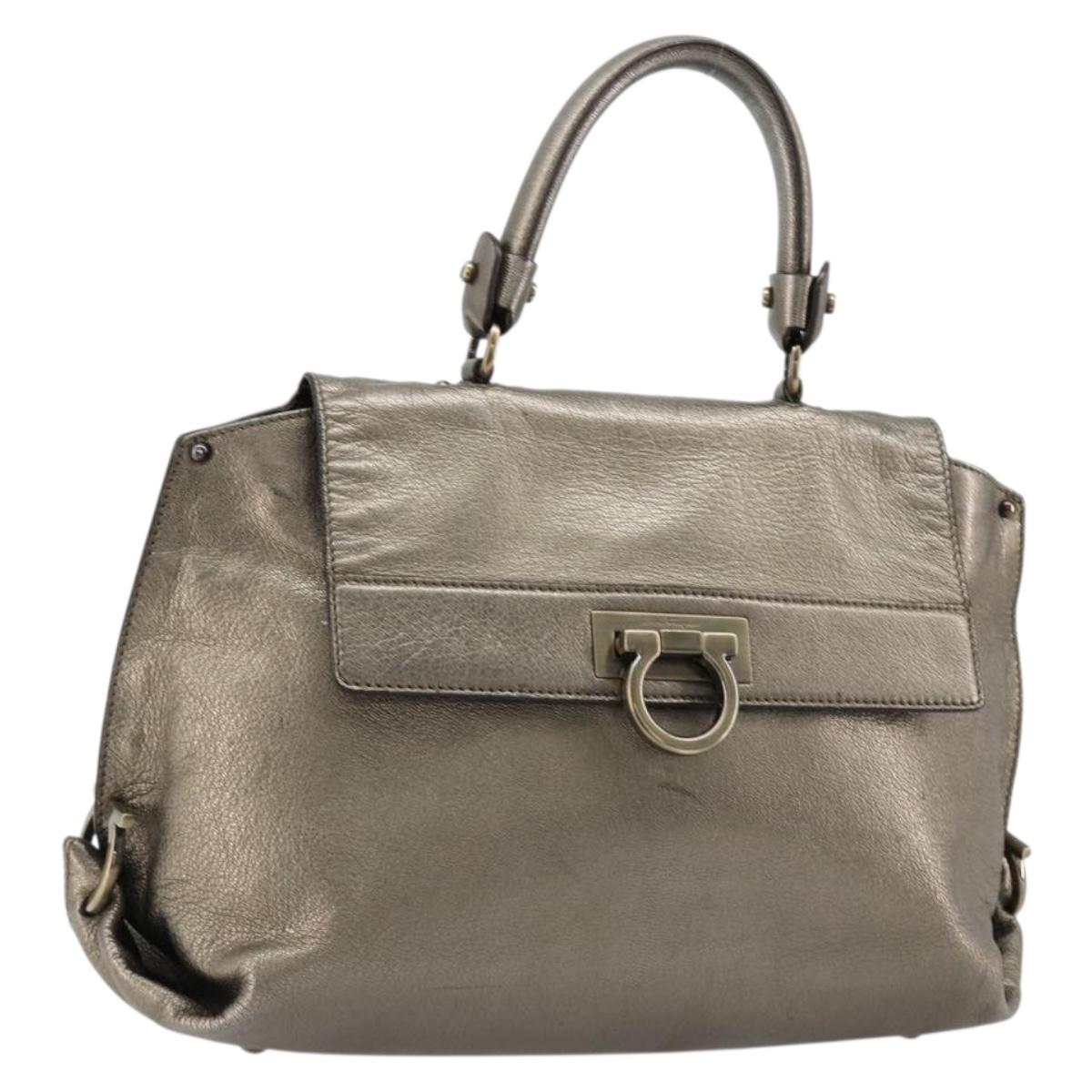 Salvatore Ferragamo Gancini Hand Bag Leather Silver Auth ka4466