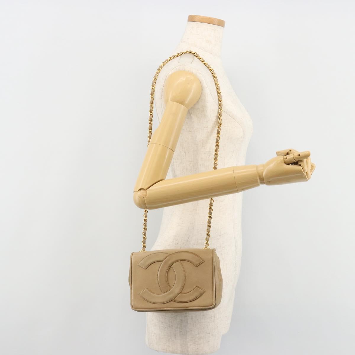 CHANEL Matelasse Chain Shoulder Bag Lamb Skin Beige Gold CC Auth ka4478V