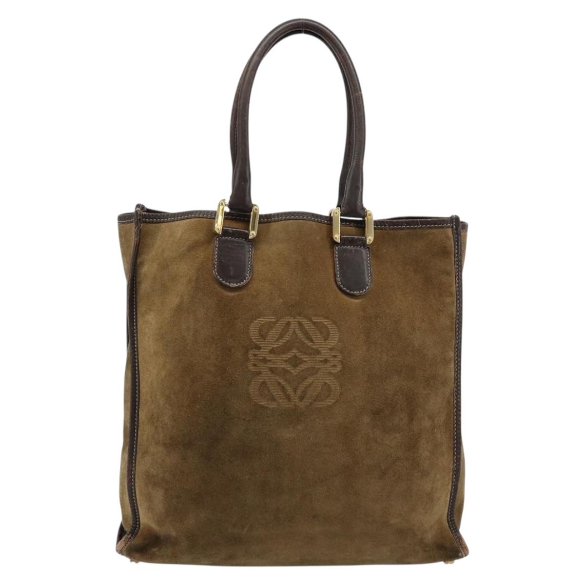 LOEWE Anagram Hand Bag Suede Leather Beige Gold Auth ka4480