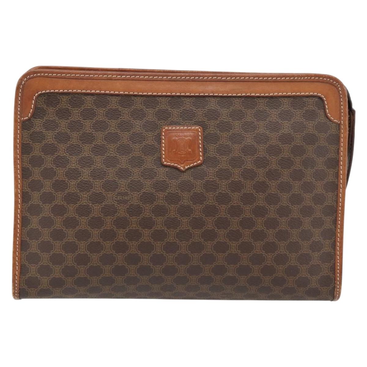 CELINE Macadam Canvas Clutch Bag PVC Leather Brown Gold Auth ka4489
