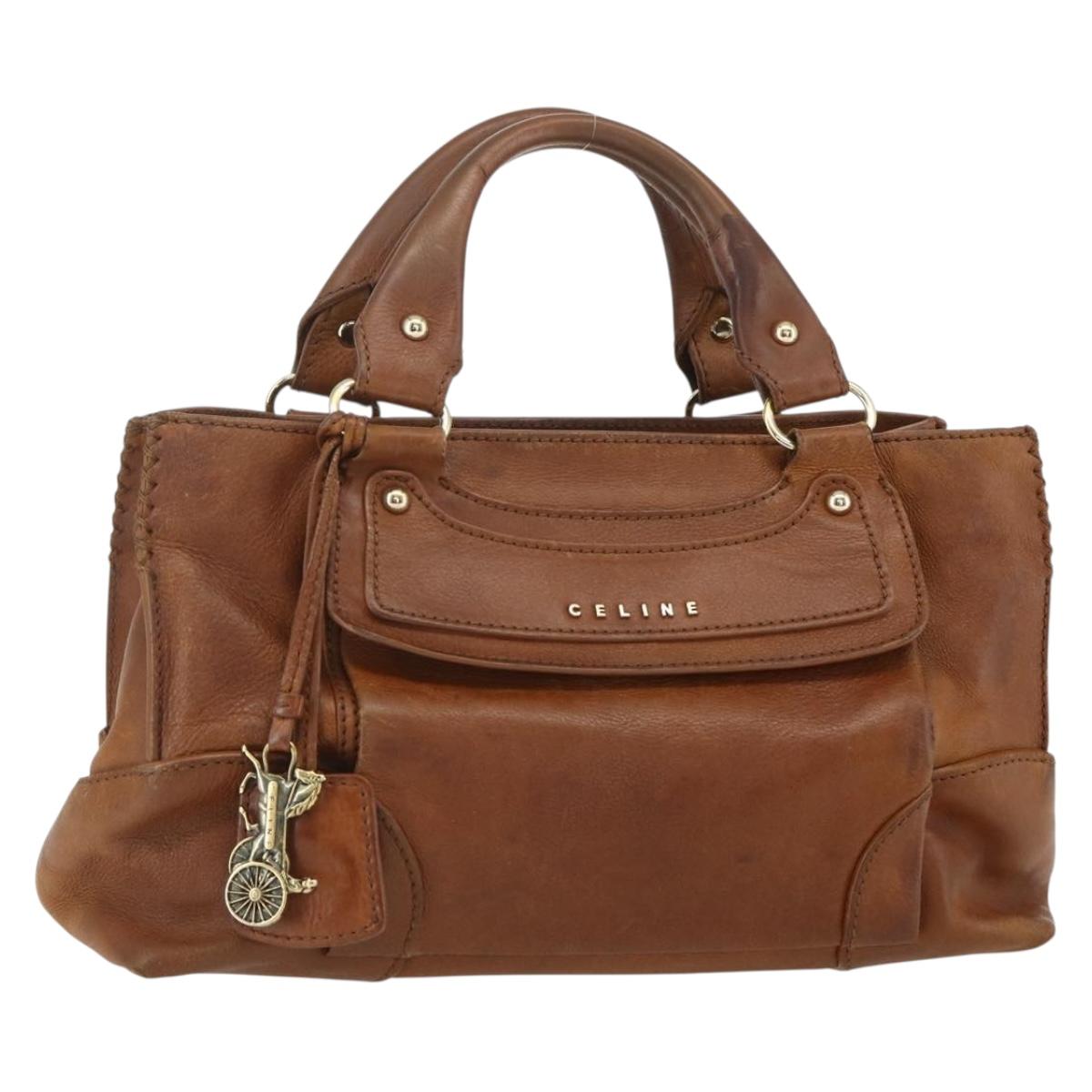CELINE Hand Bag Leather Brown Gold Auth ka449