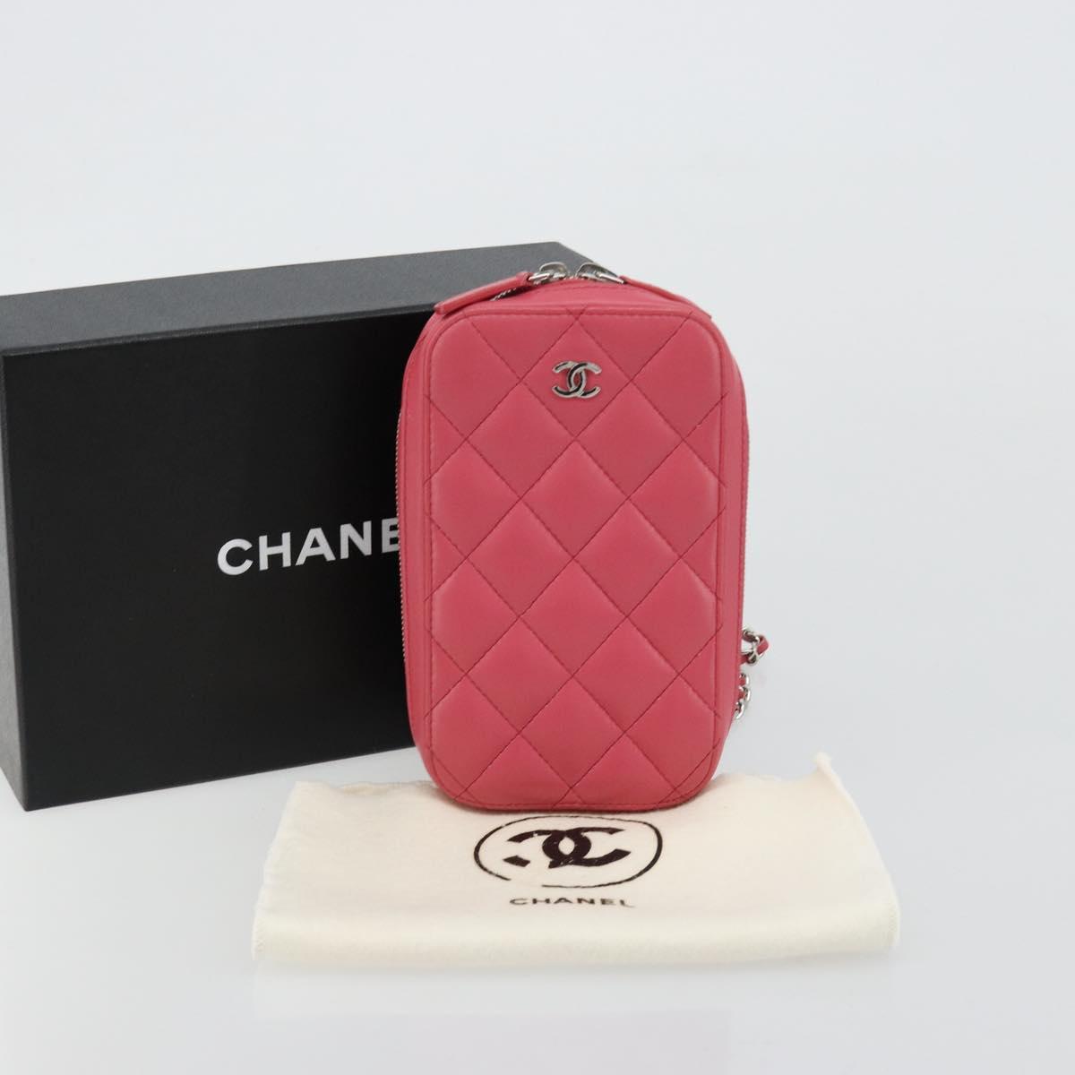 CHANEL Phone Pouch Lamb Skin Pink Silver CC Auth ka4502M