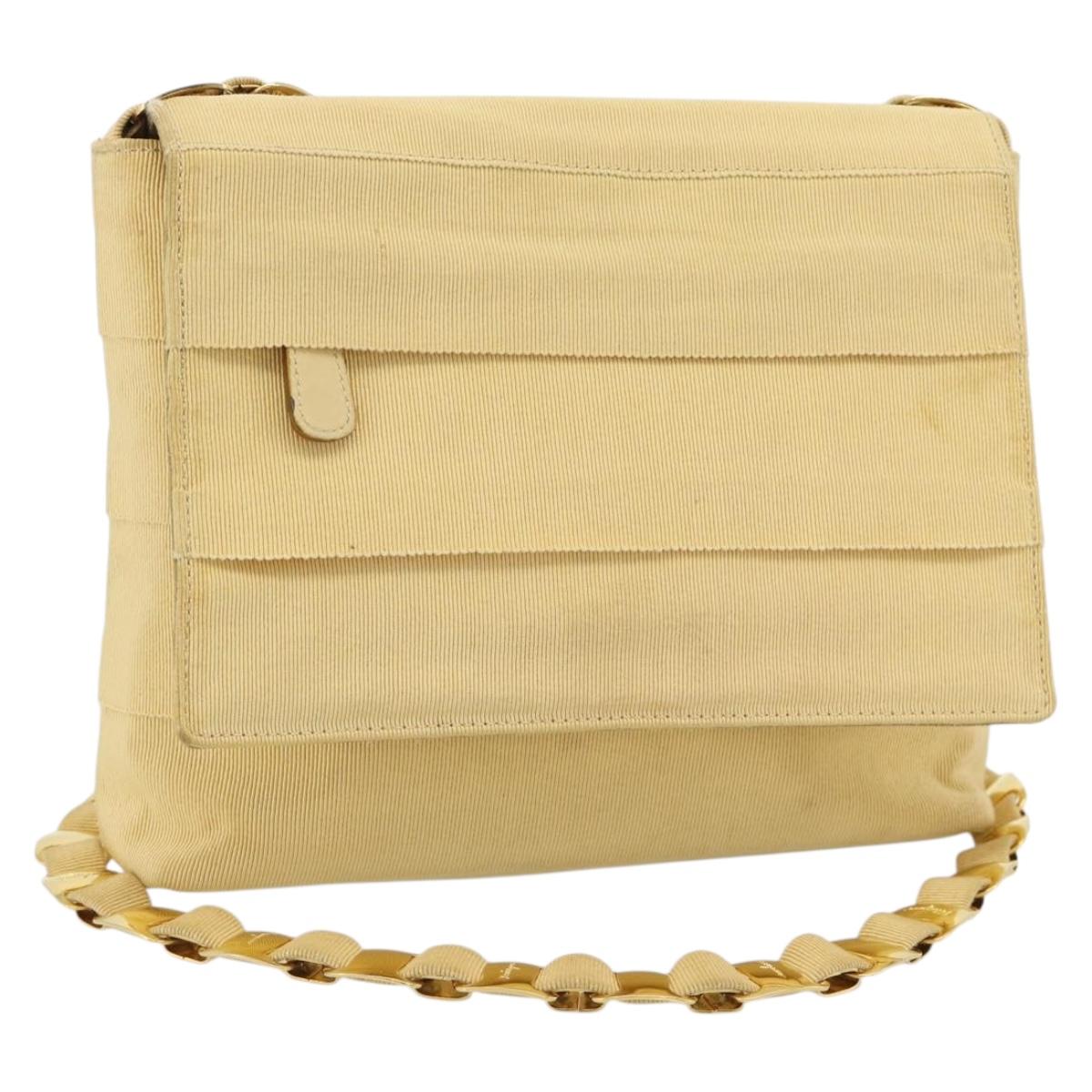 Salvatore Ferragamo Chain Shoulder Bag Canvas Leather Beige Gold Auth ka4517A