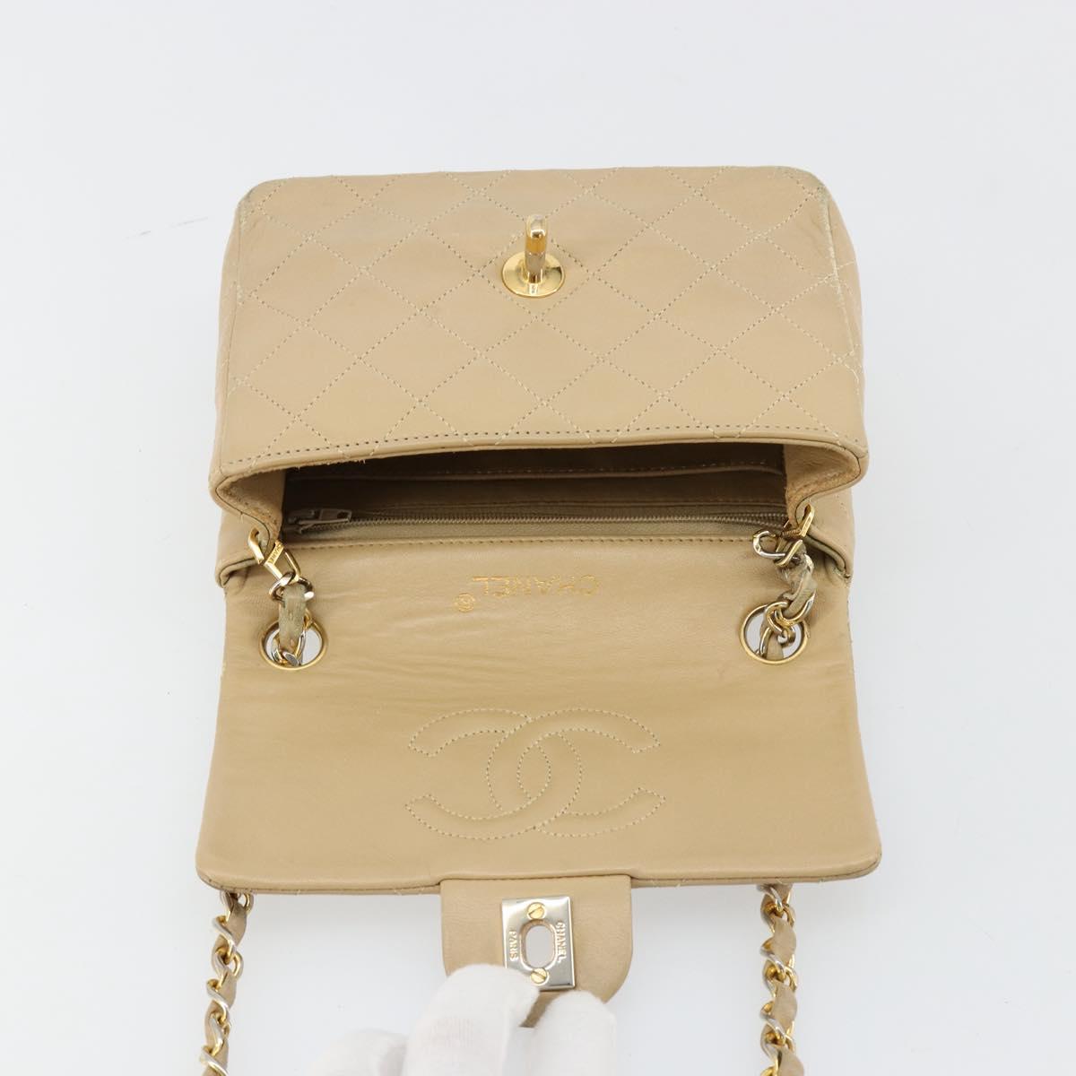 CHANEL Mini Matelasse Chain Shoulder Bag Lamb Skin Beige Gold CC Auth ka4523A