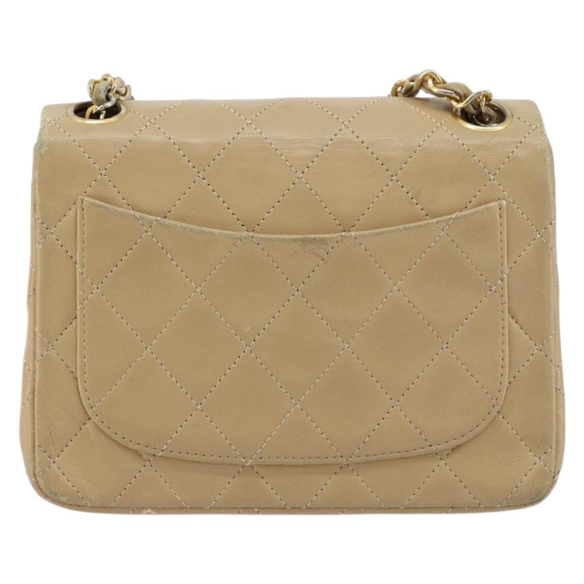 CHANEL Mini Matelasse Chain Shoulder Bag Lamb Skin Beige Gold CC Auth ka4523A