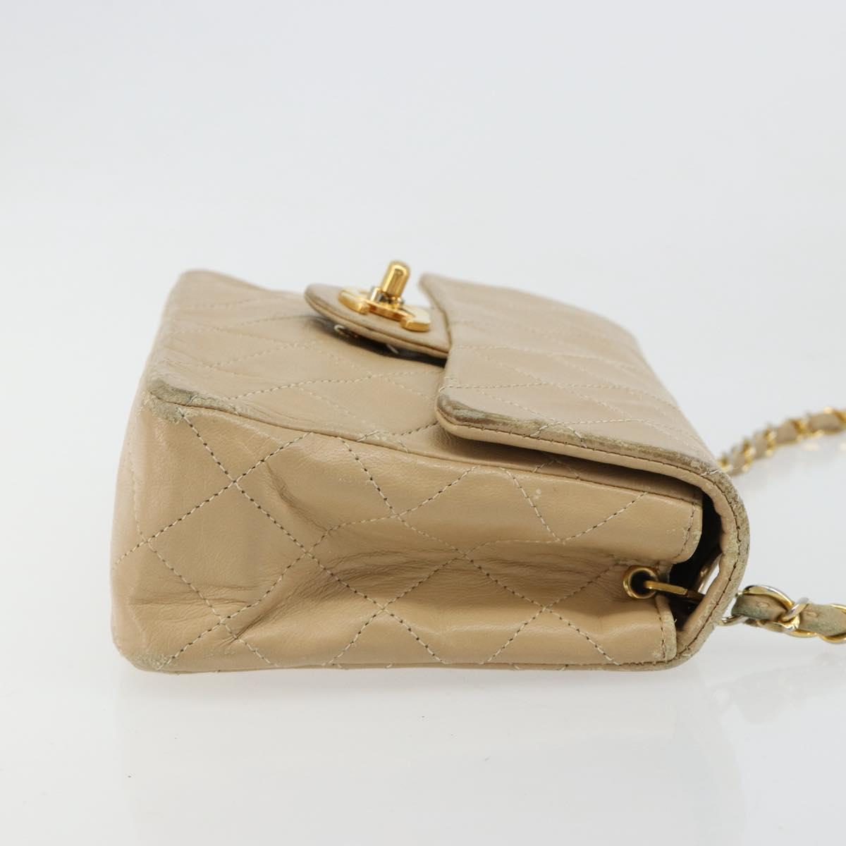 CHANEL Mini Matelasse Chain Shoulder Bag Lamb Skin Beige Gold CC Auth ka4523A