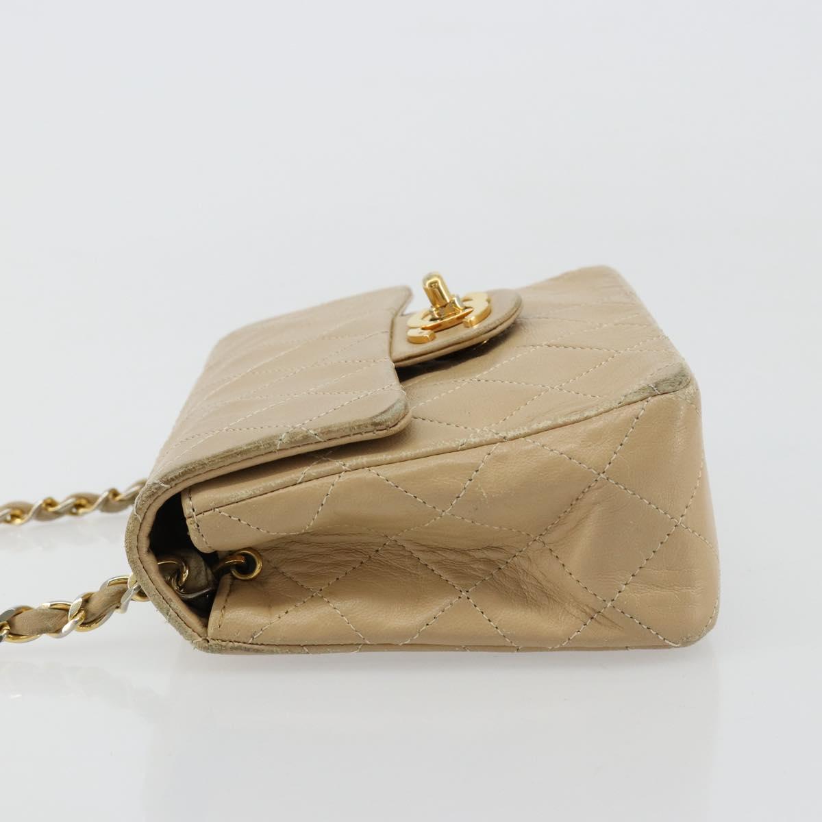 CHANEL Mini Matelasse Chain Shoulder Bag Lamb Skin Beige Gold CC Auth ka4523A