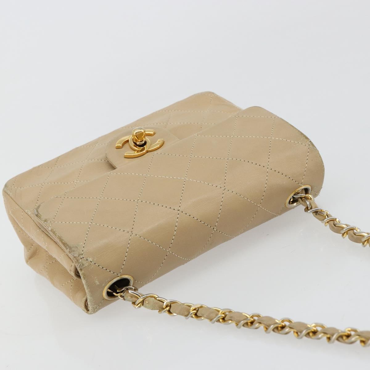 CHANEL Mini Matelasse Chain Shoulder Bag Lamb Skin Beige Gold CC Auth ka4523A