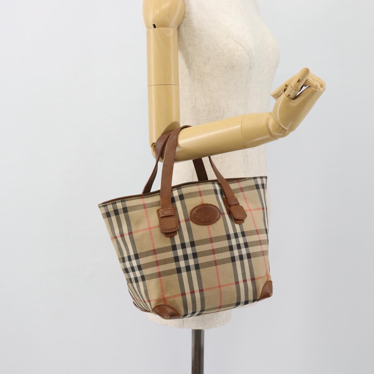 Burberrys Nova Check Hand Bag Canvas Beige Gold Auth ka4541