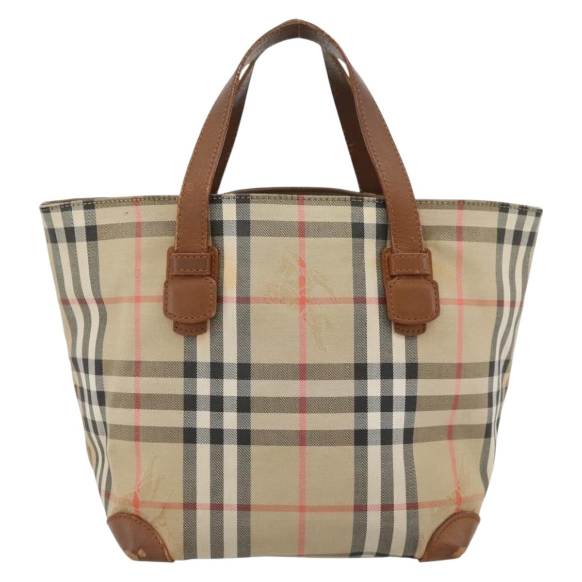 Burberrys Nova Check Hand Bag Canvas Beige Gold Auth ka4541