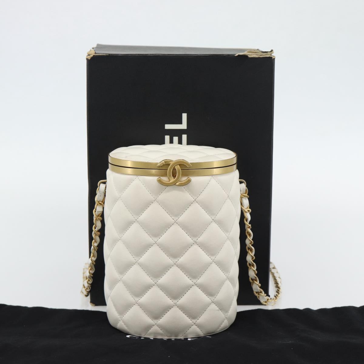 CHANEL Chain Shoulder Bag Lamb Skin White Gold CC Auth ka4545M