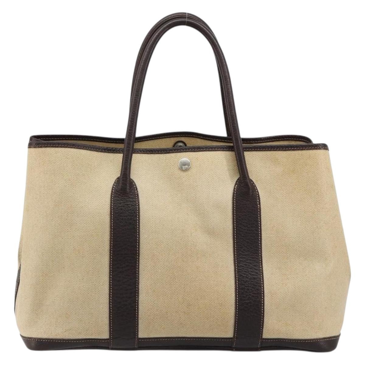 HERMES Garden Party PM Hand Bag Canvas Toile Officier Brown Silver Auth ka4555
