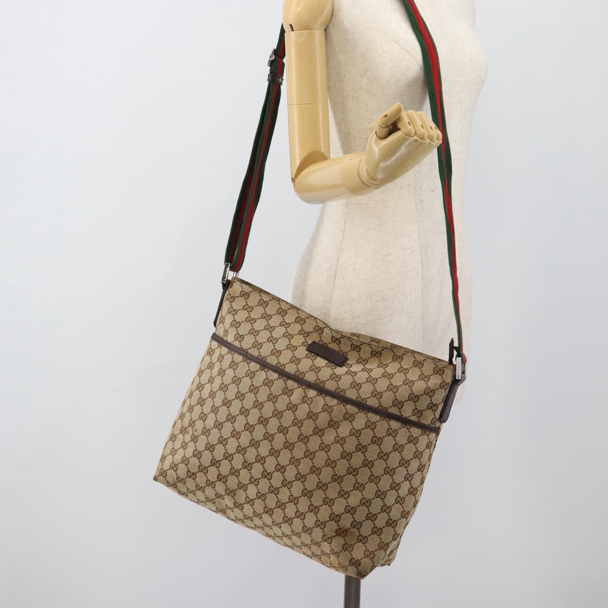 GUCCI GG Canvas Web Sherry Line Shoulder Bag Beige Silver 189751 Auth ka4563