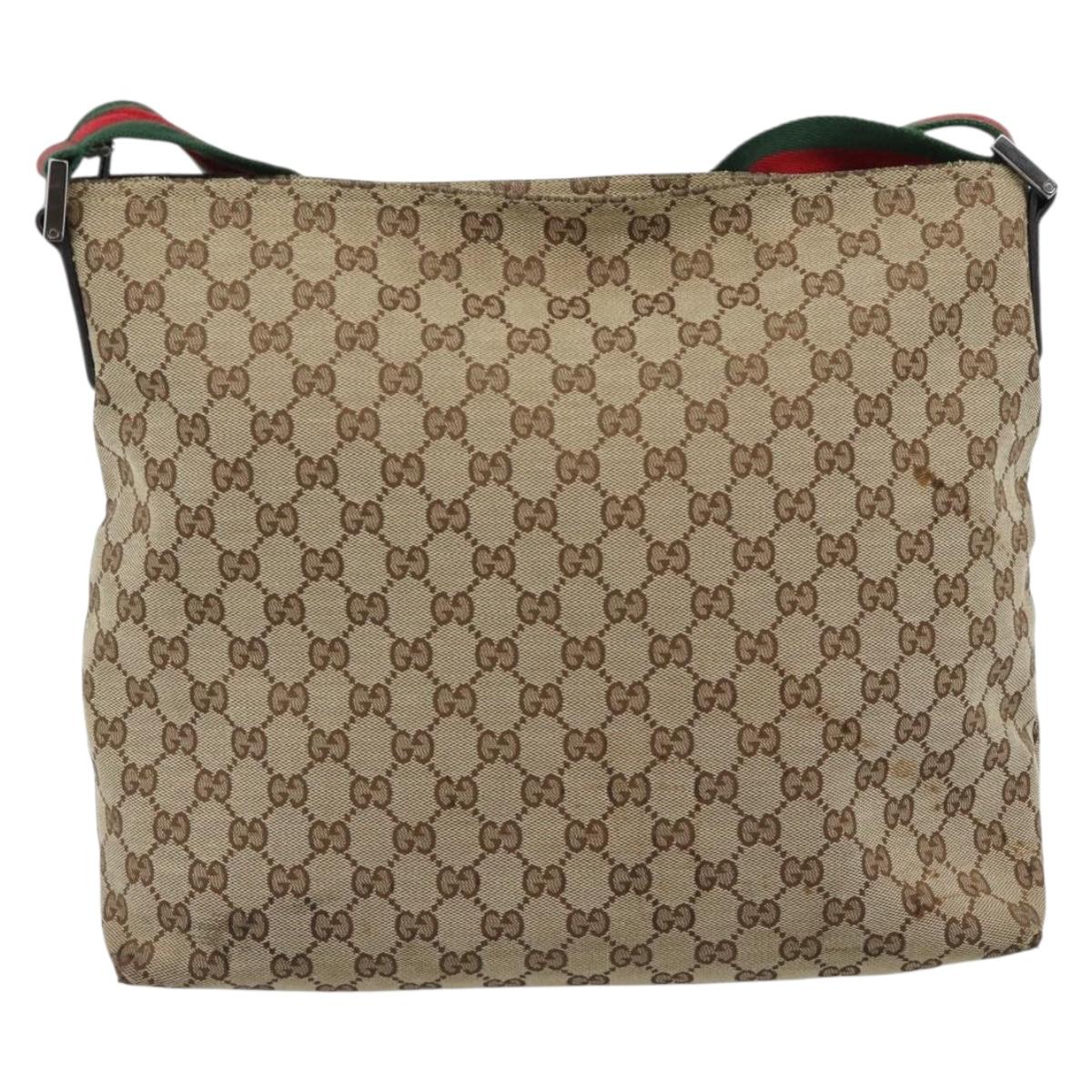 GUCCI GG Canvas Web Sherry Line Shoulder Bag Beige Silver 189751 Auth ka4563