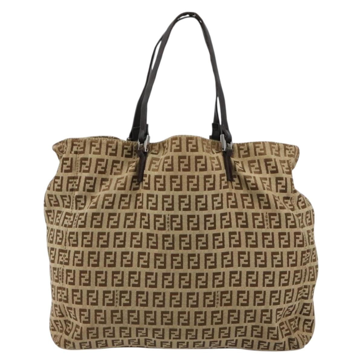FENDI Zucchino Canvas Hand Bag Beige Silver Auth ka4608