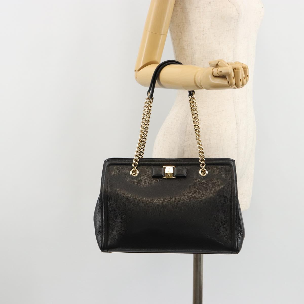 Salvatore Ferragamo Vala Chain Shoulder Bag Leather Black Gold Auth ka4612V