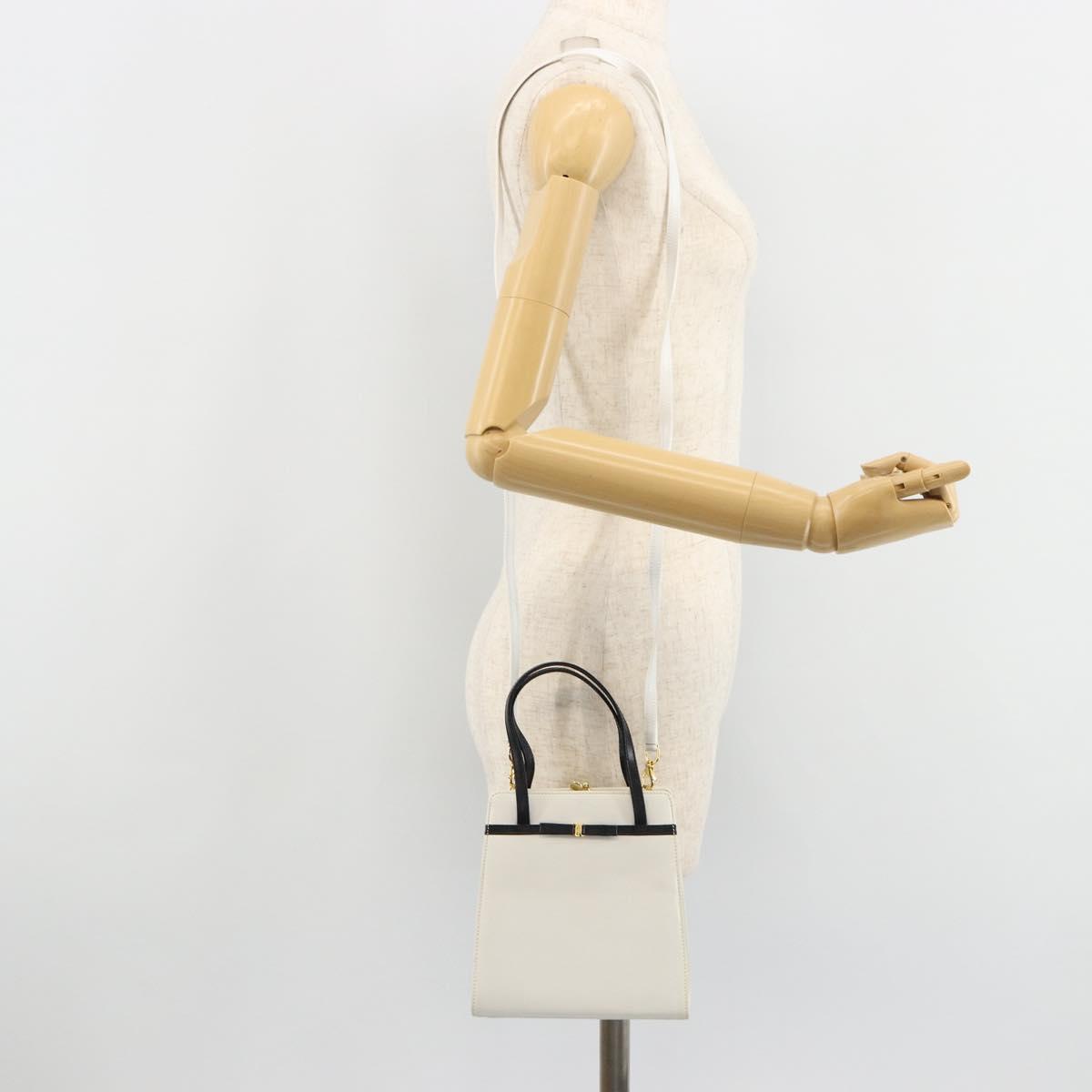 Salvatore Ferragamo Vala Hand Bag Leather 2way White Gold Auth ka4614A