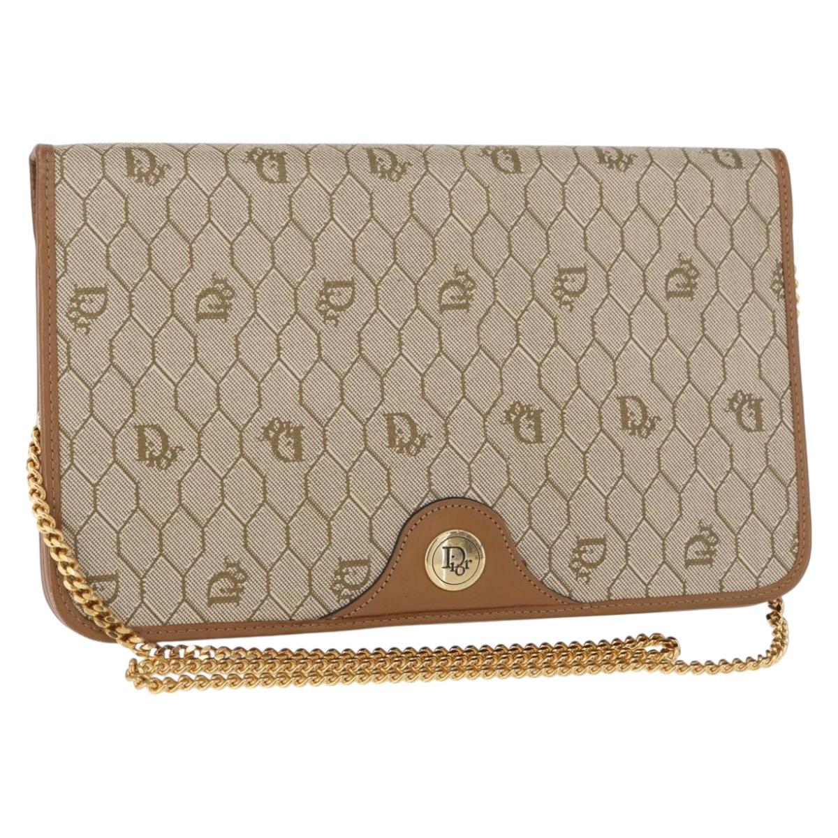 Christian Dior Honeycomb Canvas Chain Shoulder Bag PVC Beige Gold Auth ka464