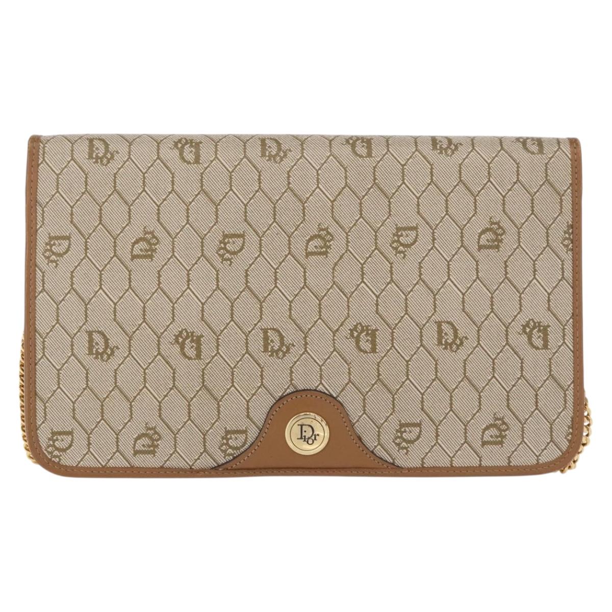Christian Dior Honeycomb Canvas Chain Shoulder Bag PVC Beige Gold Auth ka464