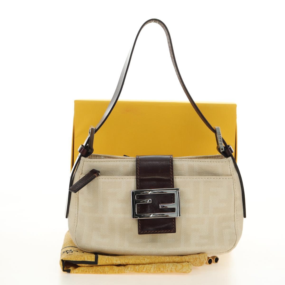 FENDI Zucca Canvas Mamma Baguette Shoulder Bag White Silver Auth ka4640M