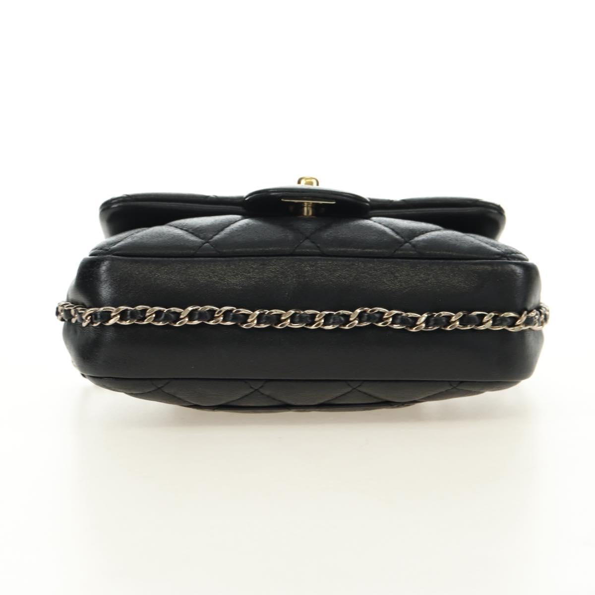 CHANEL Matelasse Pearl Chain Shoulder Bag Lamb Skin Black Gold CC Auth ka4643M