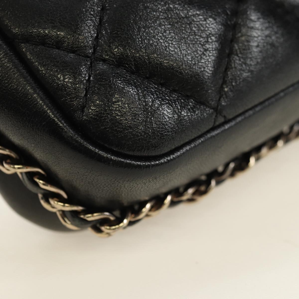 CHANEL Matelasse Pearl Chain Shoulder Bag Lamb Skin Black Gold CC Auth ka4643M